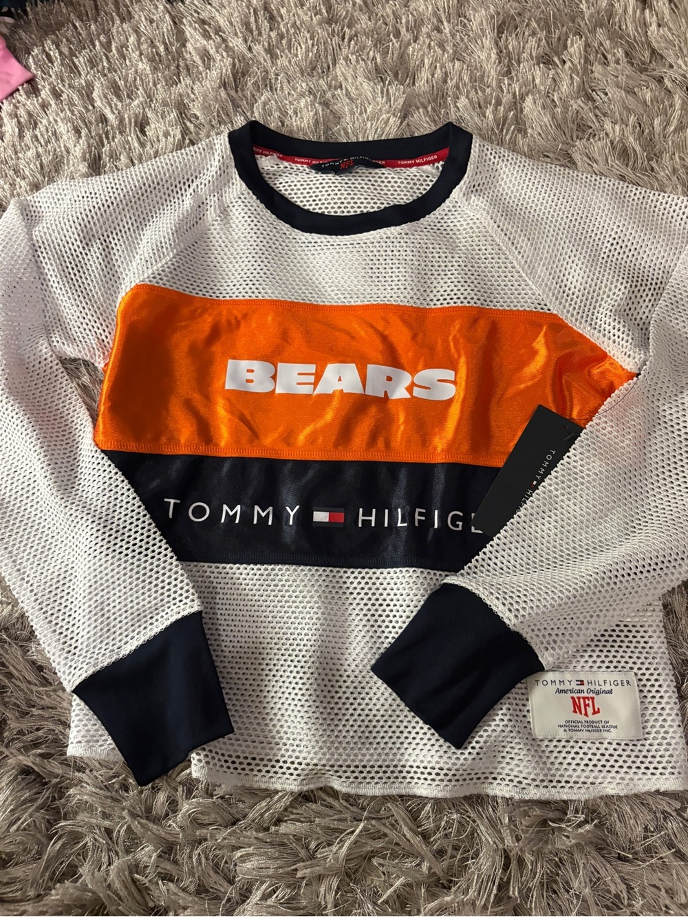 Tommy Hilfiger White Orange Navy 'Bears' Mesh Long-Sleeve Top